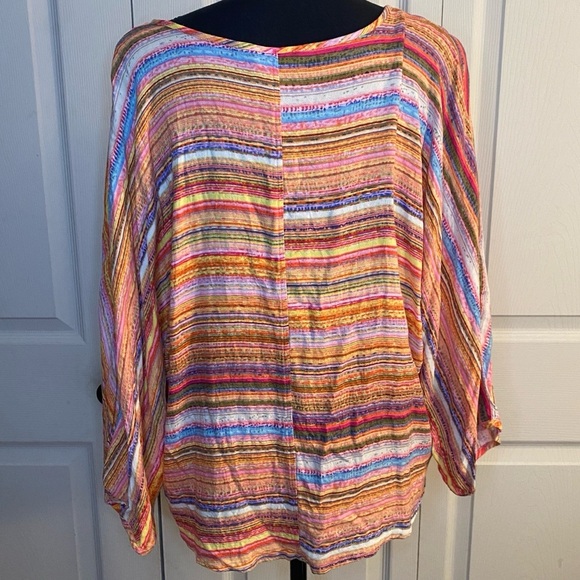 Ali Miles Colorful Striped Tie-Up Front Top Womens L Wide Dolman Sleeve V-Neck - Picture 2 of 6